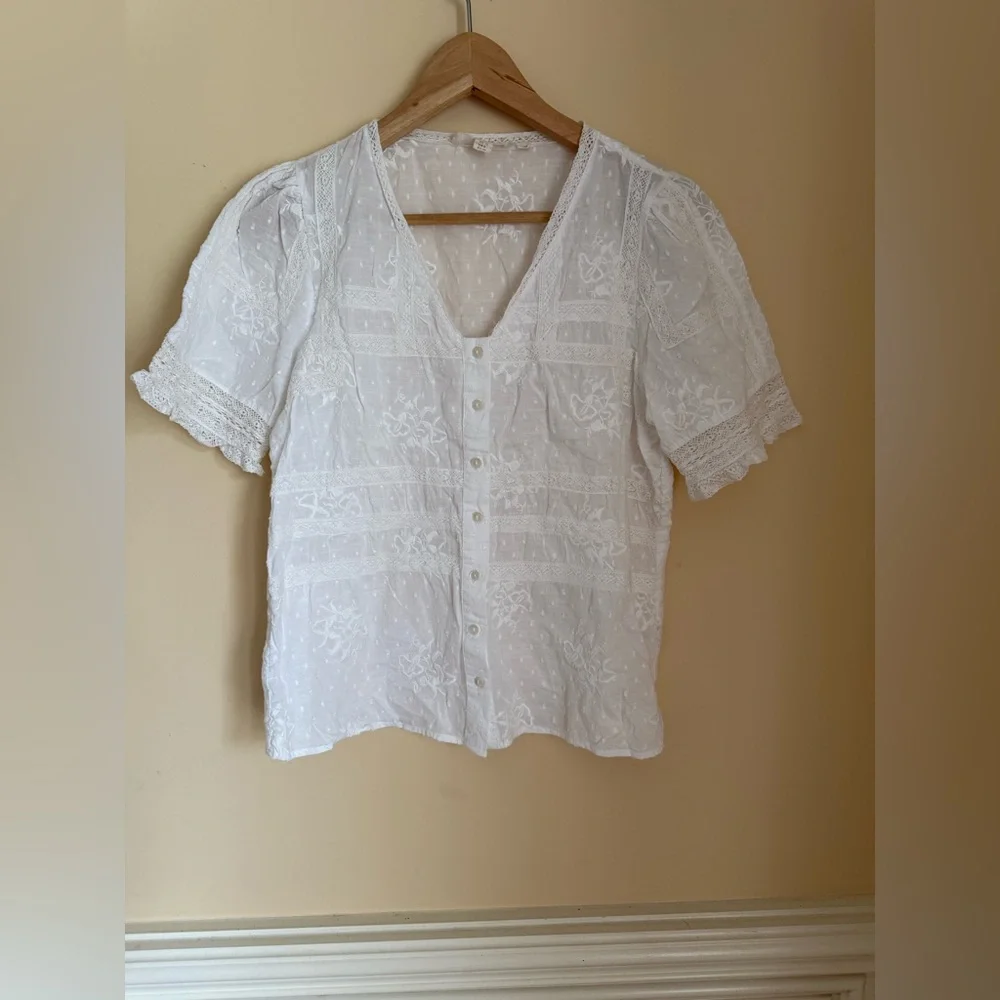 Anthropologie‎ White Puff Sleeve Ruffled Blouse Sz 10